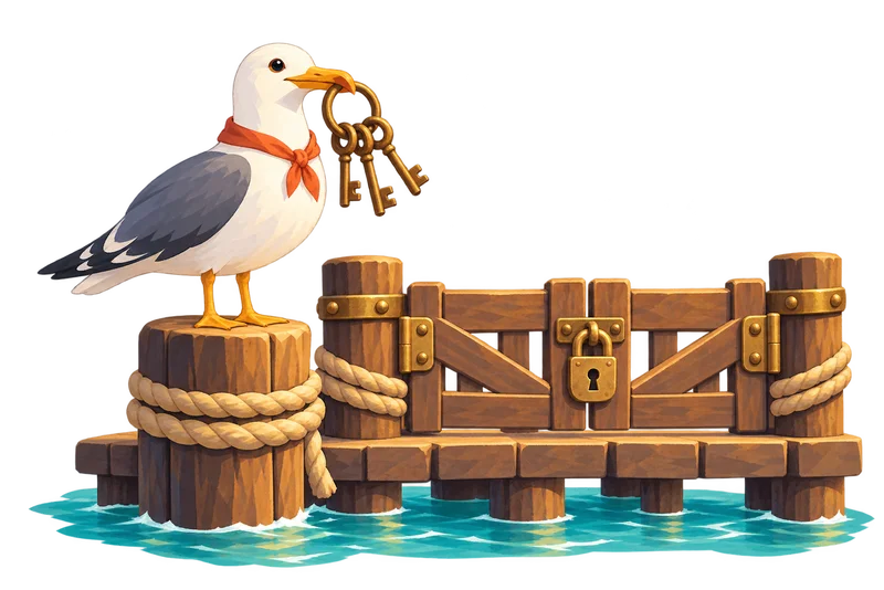 Une mouette capitaine de port tenant un trousseau de clés en laiton près d’un portail en bois fermé sur une jetée