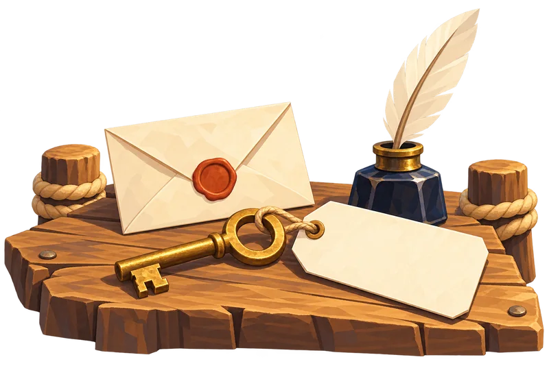 Une petite clé en laiton avec une étiquette en papier vierge attachée, posée à côté d’une lettre scellée sur un bureau en bois