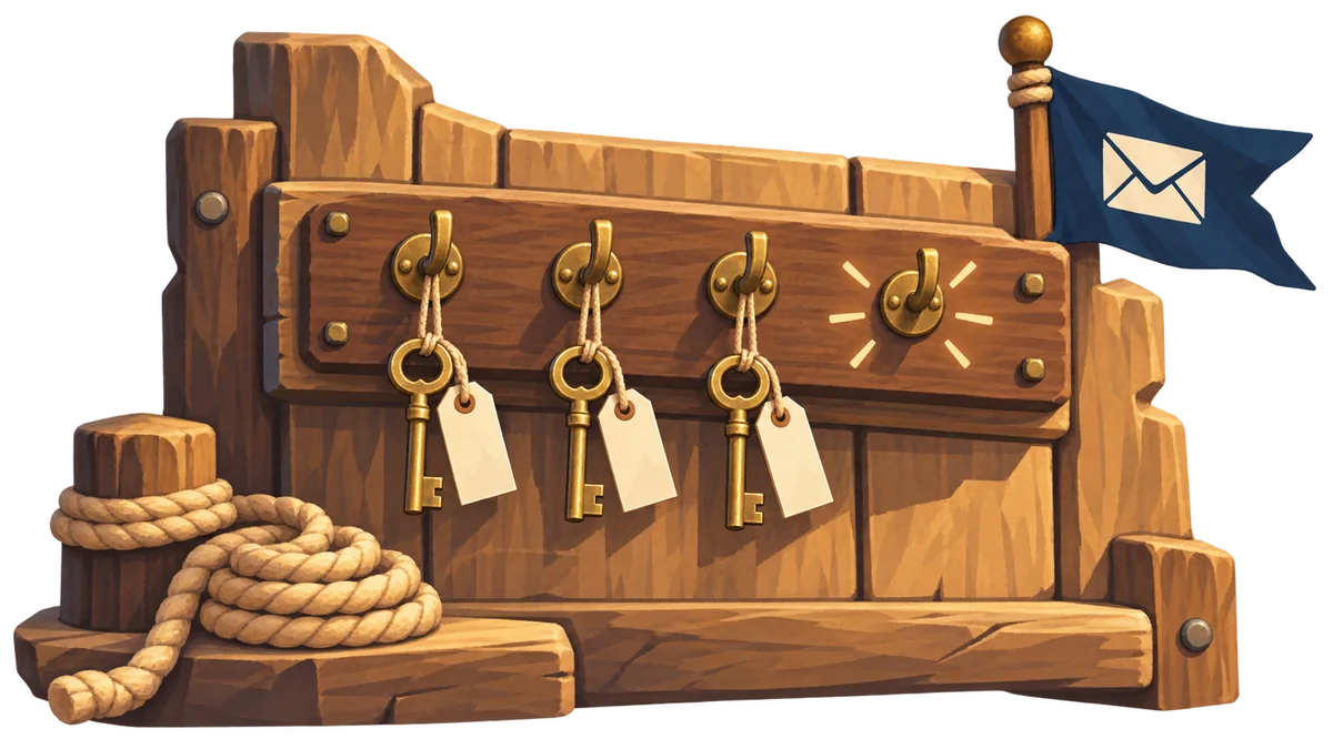 Un tableau à clés en bois sur le mur d’une cabane de port, avec trois clés en laiton suspendues et un crochet resté vide