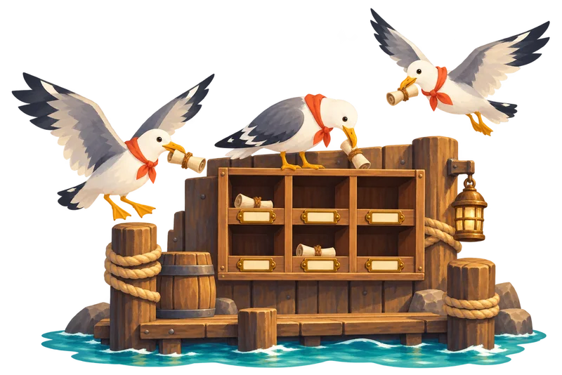 Tre gabbiani portano piccoli biglietti arrotolati a un portalettere di legno sulla parete di un ufficio del porto