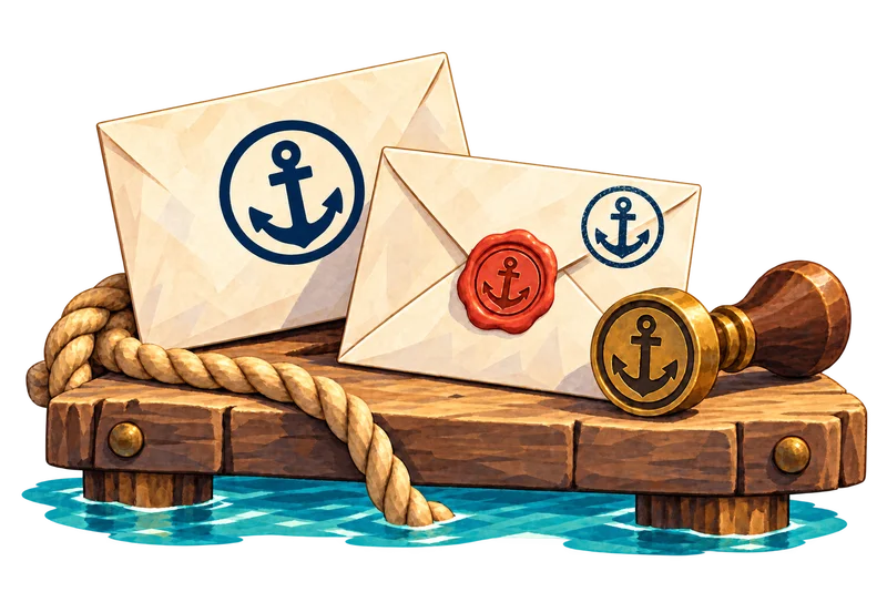 表に差出人の紋章、裏に返送先のスタンプと封蝋がある封筒。どれにも同じ紋章が描かれている